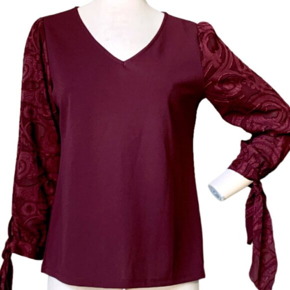 Ann Taylor Factory Burgundy Blouse Floral Print Tie Sleeves Sz S #77H - Picture 2 of 7